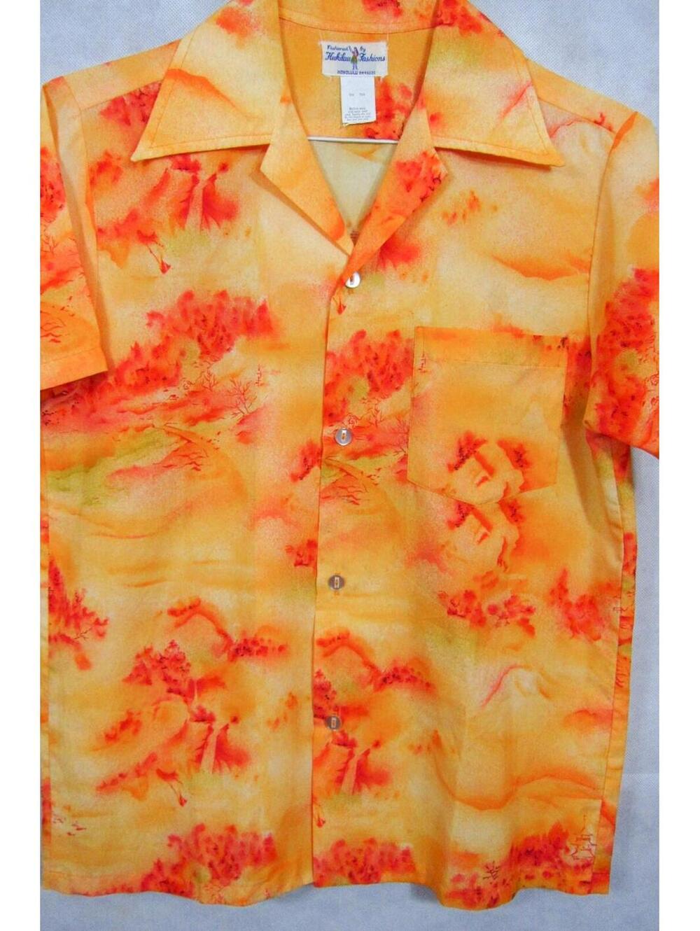 VTG 60s Fashioned by Hukilau Fashions Honolulu Yellow Orange Hawaiian Shirt S